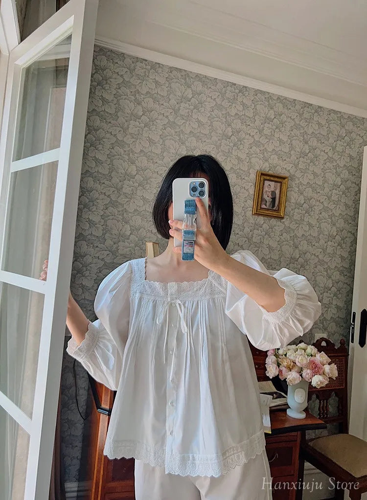 Sweet Spring Autumn Pure Cotton Women's Long Sleeve Pajama Set Loose Female Sleepwear Suits Royal Pyjama Home Wear Plus Size.