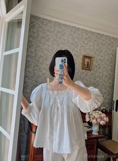 Sweet Spring Autumn Pure Cotton Women's Long Sleeve Pajama Set Loose Female Sleepwear Suits Royal Pyjama Home Wear Plus Size.