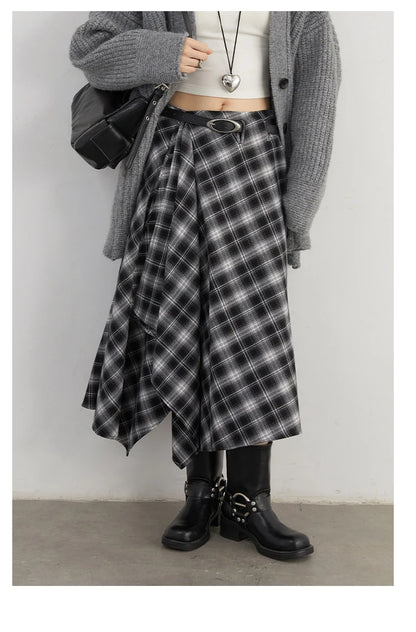 CHIC VEN Women Skirts A Line Retro Loose High Waist Irregular Color Plaid Frosted Half Body Long Ladies Skirt Winter 2025