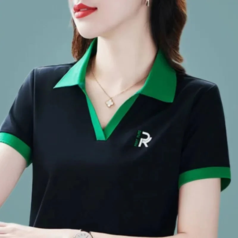 Loose Fit Polo Shirt Short Sleeve Turn-down Collar T-shirt for Middle-aged Mothers Summer New Style Sport Casual Top plus Size.