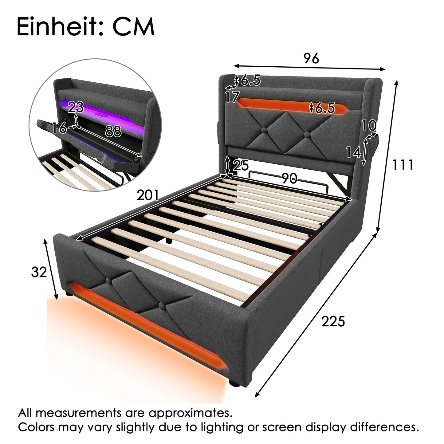KOMHTOM Doppelbett Leinen, mit USB und Typ C-Port, 360-Surround-LED-Funktion, Hydraulischer Stauraum, ohne Matratze