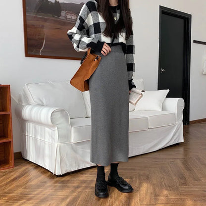 Temperament Black Slim Fit Long Skirt Women High Waist Knitted Straight One-Step Skirt Korean Fashion Office Lady Pencil Skirts.