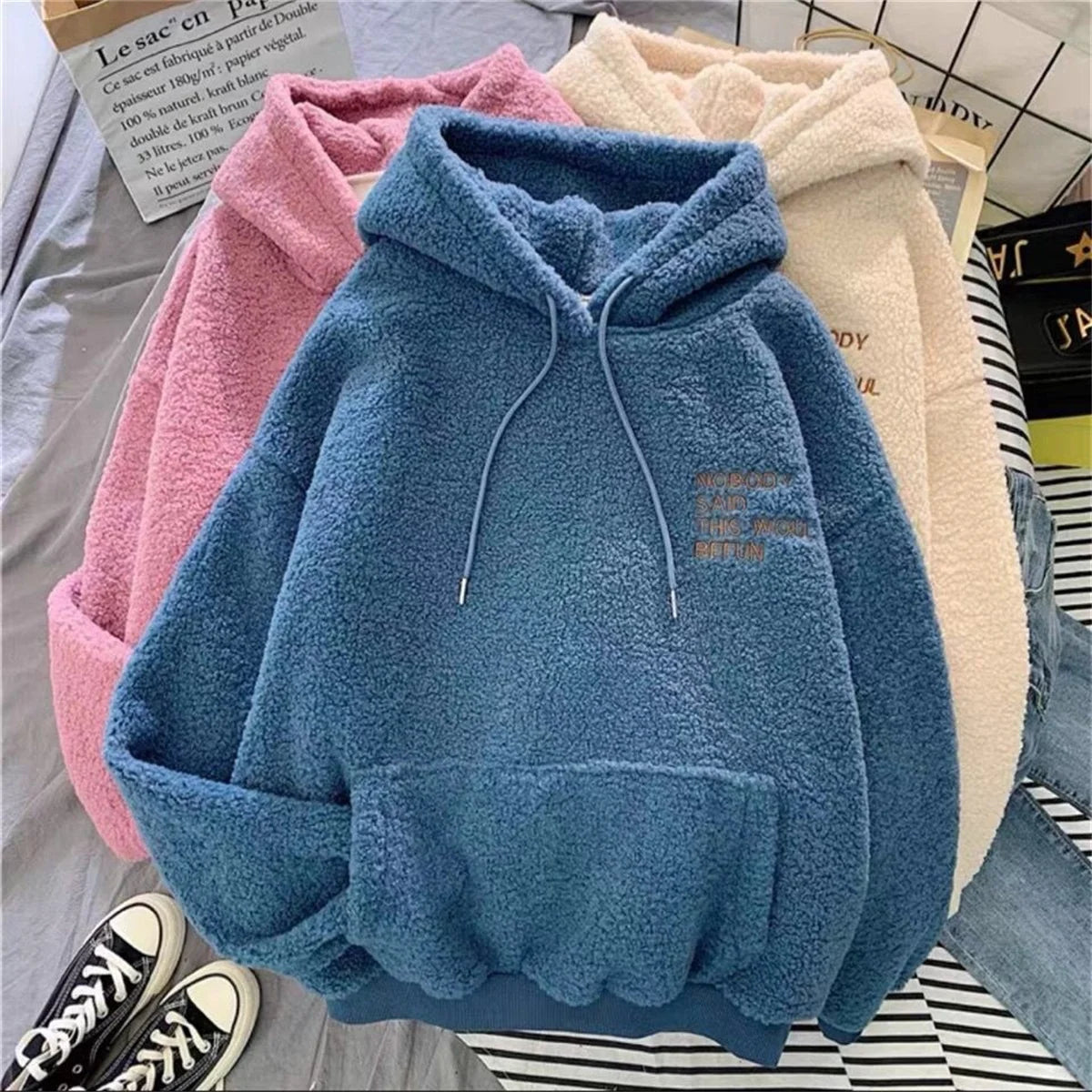 Autumn Winter Fashion Hooded Sweatshirt Women Korean Loose Solid Letter Tops Long Sleeve Warm Outfit Hoodie Lady Casual Street.