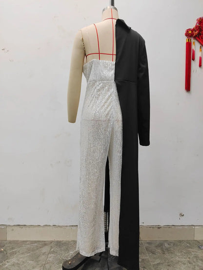 CM.YAYA Women One Long Sleeve Strapless Sequined Blazer Wide Leg Jumpsuits 2025 Evening Party One Piece Set Romper Playsuit.