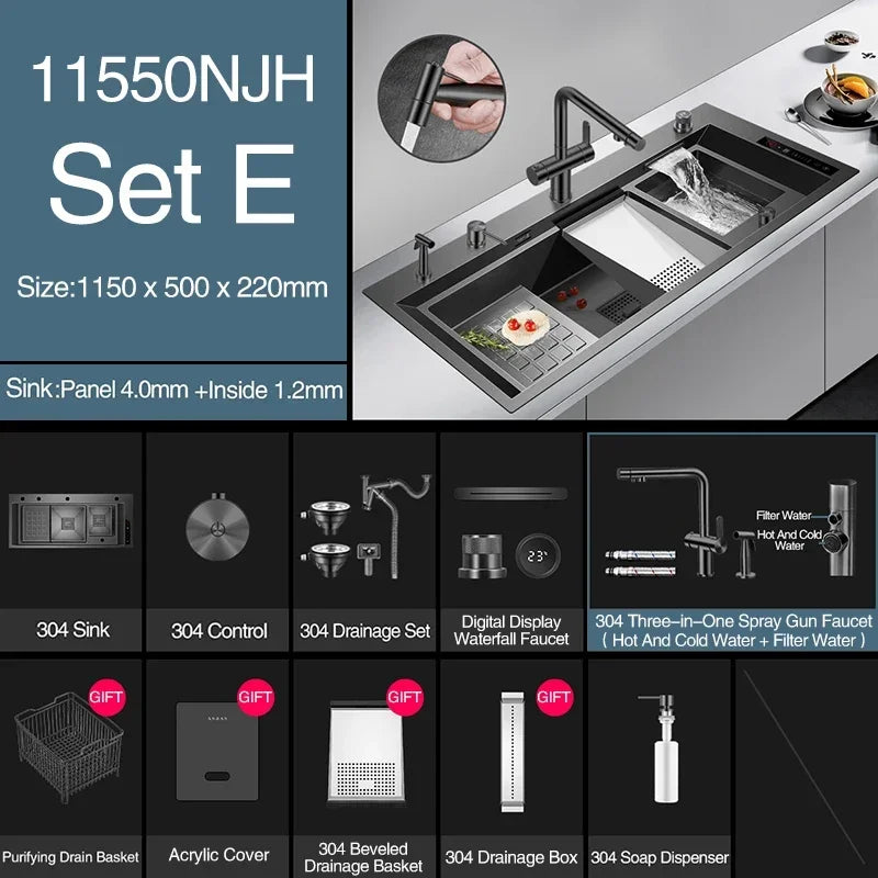 ASRAS 11550 NJH Large Size Smart Purifying Kitchen Sink Handmade Step Sink Ultrasonic Smart Purifying Kitchen Island Sinks