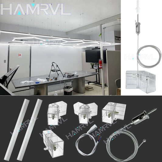 Hexagon Light Adjustable Suspension Rope and Splicing Connector All Copper 2Pin V/Y/L/T/I Cable LED Tube Lamp for Garage Ceiling.