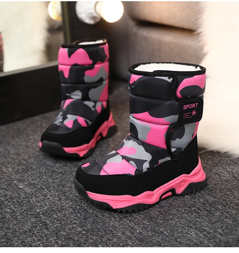 2025 Winter Children Shoes Plush Waterproof Fabric Non-Slip Girl Shoes Rubber Sole Snow Boots Fashion Warm Outdoor Boots.