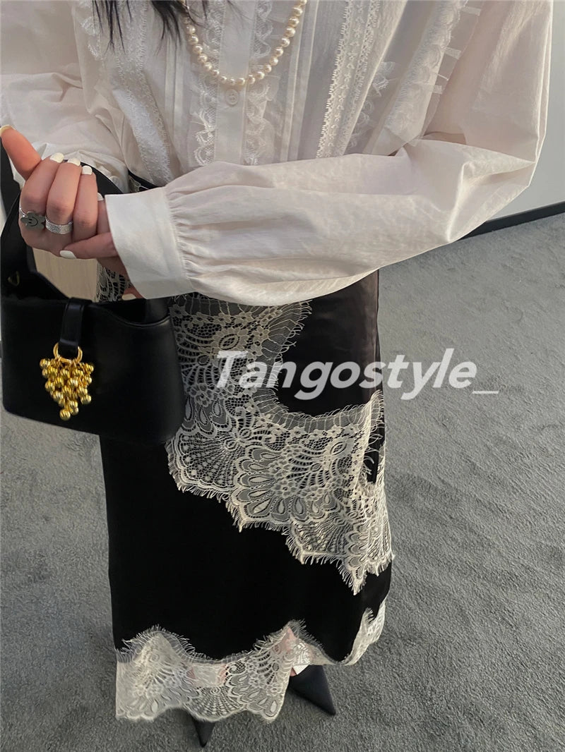 High-End Retro Satin Lace Stitching Skirt Women's 2024 Summer High Waist Slimming Court Style Temperament Mid-Length Skirt.