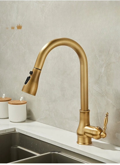 Antique Brass Kitchen Faucet Pull Out Spout Kitchen Faucets Black Single Hole Swivel Hot Cold Water Kitchen Mixers Taps