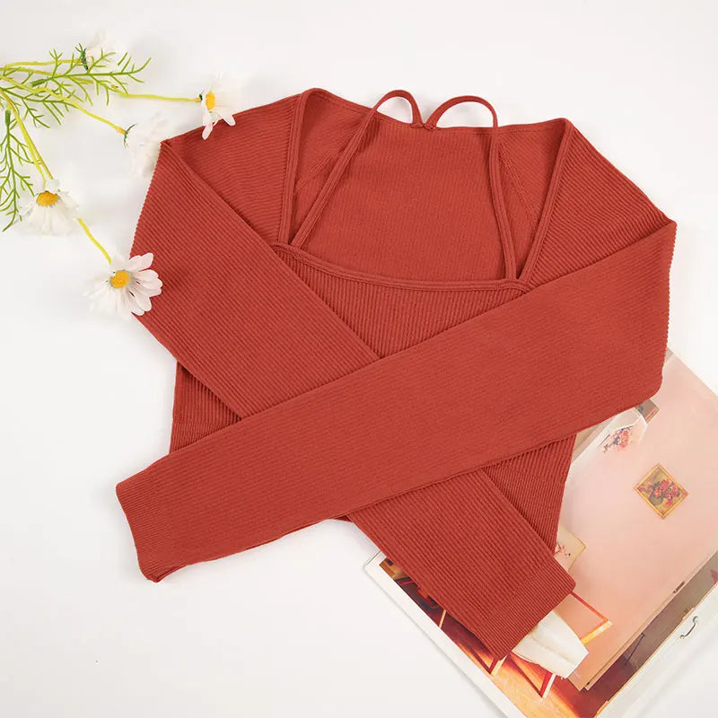 CHRLEISURE Ribbed Seamless Crop Top Women's Long Sleeve Sports Shirt  Elastic Slim Workout Tee Outdoor Yoga Shirts Gym Wear.