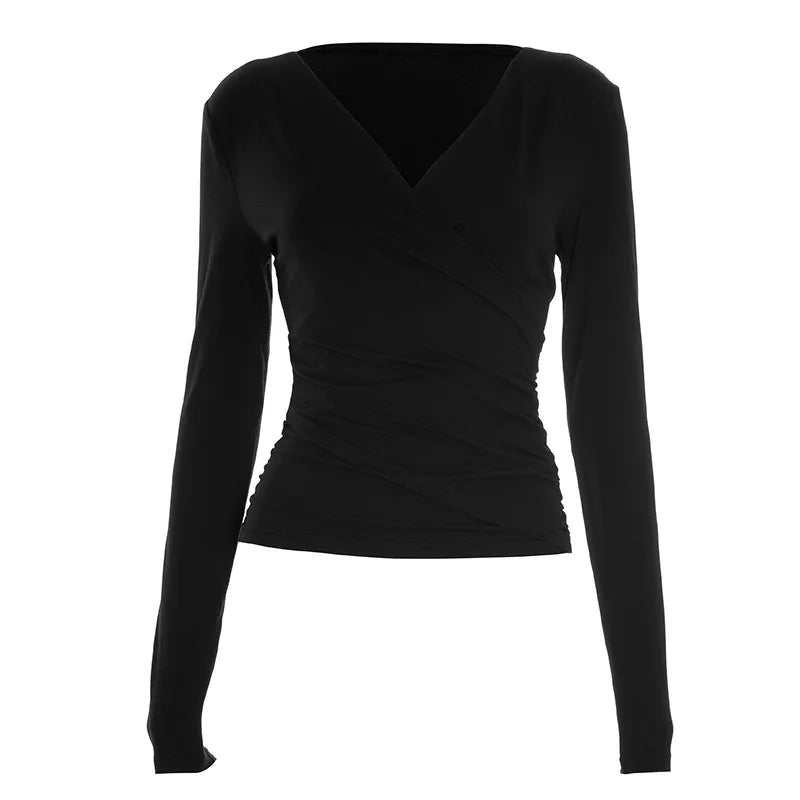 Sexy Solid Color V-neck Long Sleeved T-shirt Top Waist Cinching 2025 Trendy Casual Top for Women.