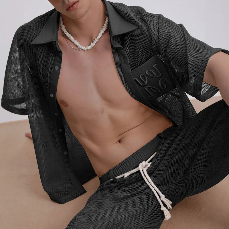 INCERUN Men Sets Mesh Patchwork See Through Sexy Short Sleeve Shirts & Pants Two Pieces Sets Streetwear 2025 Men's Casual Suits.