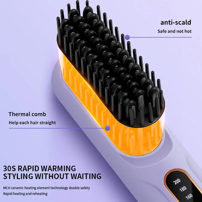 Electric Heating Straight Hair Comb LCD Screen USB Wireless Portable Negative Ion Styling Tool Rechargeable Straightening Brush.