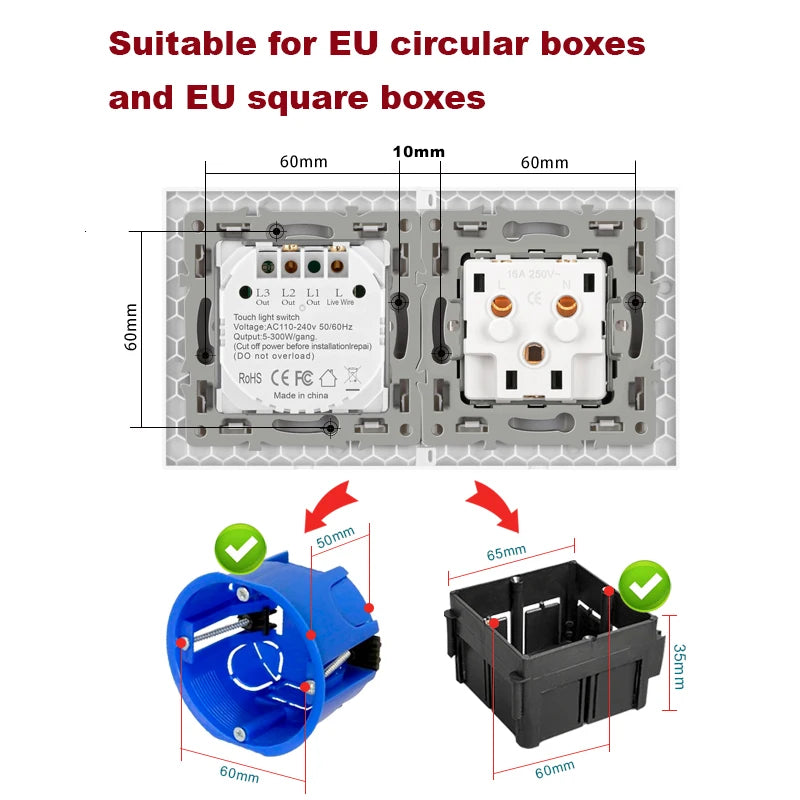 JHJCH Touch Lichtschalter Frankreich Steckdosen USB C Telefon Ladung Kristallglas 1/2/3Gang Wandschalter Doppelsteckdosen Schwarz.
