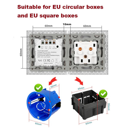 JHJCH Touch Lichtschalter Frankreich Steckdosen USB C Telefon Ladung Kristallglas 1/2/3Gang Wandschalter Doppelsteckdosen Schwarz.