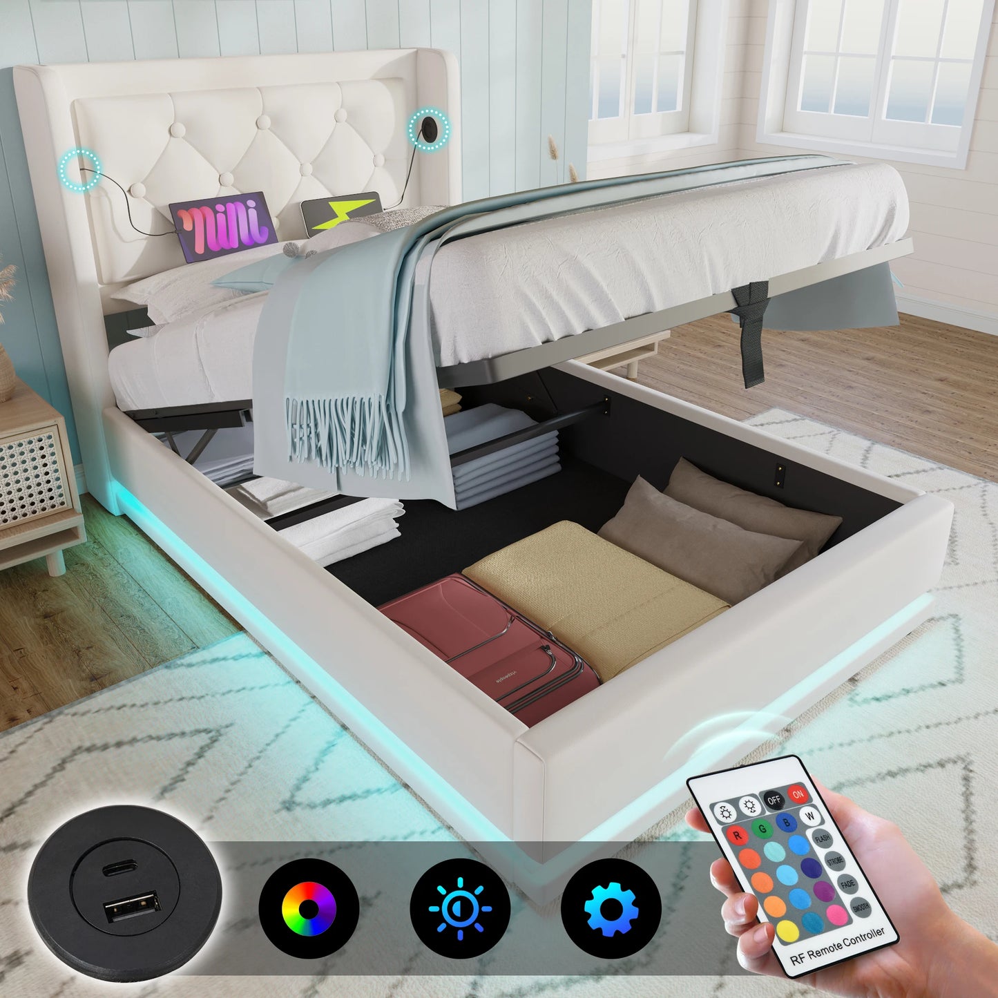 KOMHTOM PU-Material Hydraulisches Stauraumbett, mit USB Typ-C Ladefunktion, 3-seitige LED-Funktion, ohne Matratze