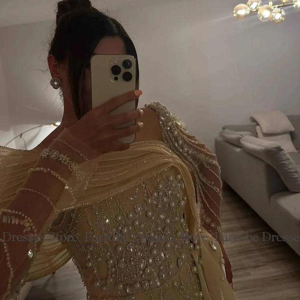 Saudi Arabia Luxury Evening Dresses Jersey Mermaid/Trumpet Celebrity Gown Ivory Off-the-shoulder Pearls Beading Prom Dress Long.