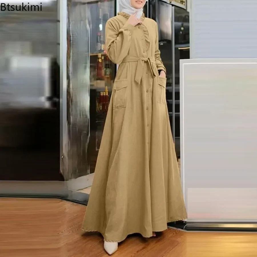 2025 Fashion Arab Style Lace-up Maxi Dress for Women Muslim Abaya Vintage Plain Long Dresses Hijab Islamic Robe Elegante Femme.