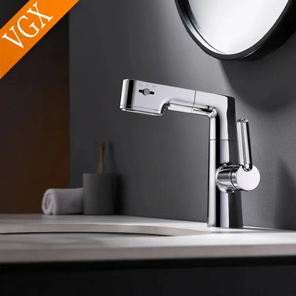 VGX Multifunctional Bathroom Faucets Pull Out Basin Mixer Sink Faucet Gourmet LED Display Tap 360° Tapware Crane Brass Chrome