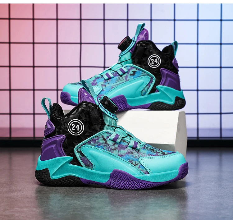 Children's Autumn New Rotary Buckle Mesh Breathable Basketball Shoes Boys Fashion Trend Sneaker Anti Slip Running Footwear 31-40