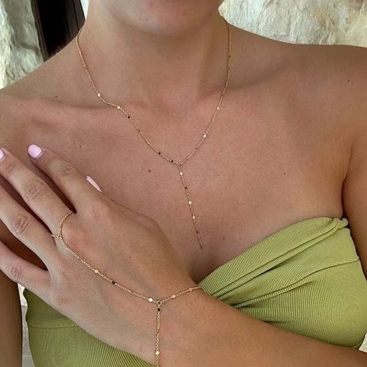 Fashion Gold Color Y-Shaped Tassel Pendant Necklace Bracelet For Women Simple Metal Long Flat Chain Necklace Jewelry Gift.