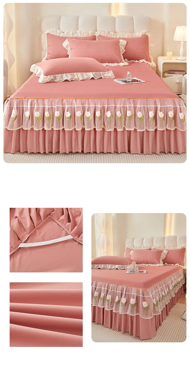 Floral Style Bed Skirt Embroidered Bed Cover Single/Queen/King Size Bed Linen Home Sheet with Skirt 침대스커트(Pillowcase Need Order).