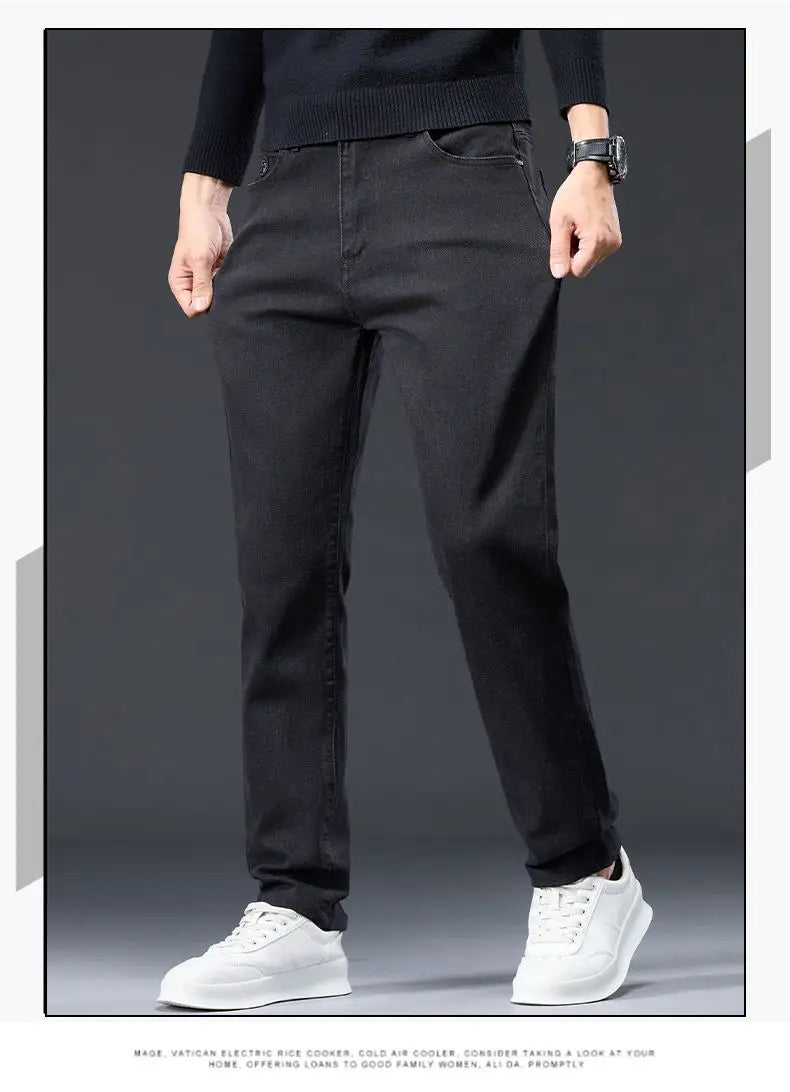 Male Brand Jeans Clothing Light Luxury Stretch Looes Fit Pants Comfortable Soft Business Fashion Straight Casual Denim Trousers.