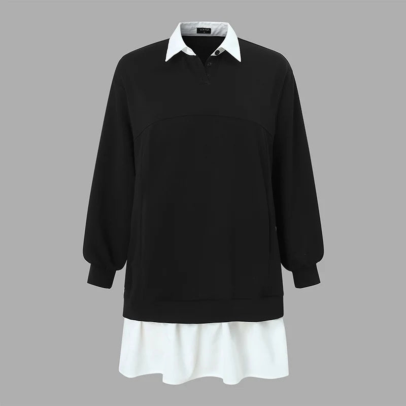 Plus Größe 5XL VONDA Frauen Hoodies Sweatshirts Mode Patchwork Kausalen Revers Kragen Gefälschte Zwei Stück Sweatshirts Lose Lange Jumper.