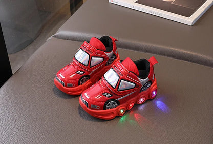 Diseny Kids'Casual Shoes Led Light Car Club Cartoon PU Leather Spring Shoes For Children Anti-slip Red Blue Shoes Size 21-30.