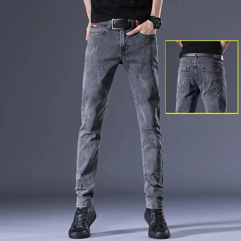 Slim Fit Men's Jeans Casual Elastic Korean Style Autumn Grey Trendy Long Pants Versatile Slim Legged Casual Trousers.