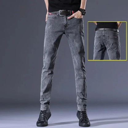 Slim Fit Men's Jeans Casual Elastic Korean Style Autumn Grey Trendy Long Pants Versatile Slim Legged Casual Trousers.