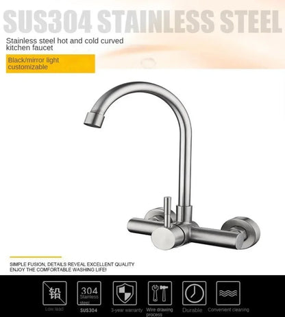 Kitchen Faucet Sprayer Stainless Steel Double Hole Wall Mount Cold and Hot Faucet Balcony Rotating Torneiras De Cozinha Batidora