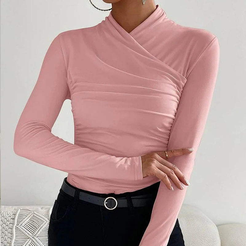 Sexy Elegant Fall Winter Long Sleeve Cross Pleated Pullover Women's Modal Solid Color Irregular Tops Street Daily Versatile Tees.