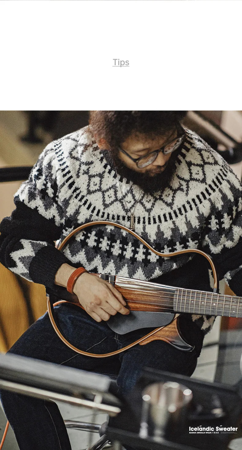 Maden Vintage Heavyweight Fair Isle Icelandic Sweater Round Neck Jacquard Bottom Knitwear Thickened Warm Pullovers for Christmas