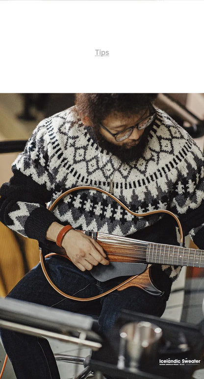 Maden Vintage Heavyweight Fair Isle Icelandic Sweater Round Neck Jacquard Bottom Knitwear Thickened Warm Pullovers for Christmas