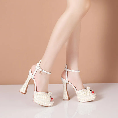Summer Beaded Thick Heeled Women Gladiator Sandals Luxury Pearls Platform Wedges 14cm High heels Fashion Wedding Banquet Shoes.