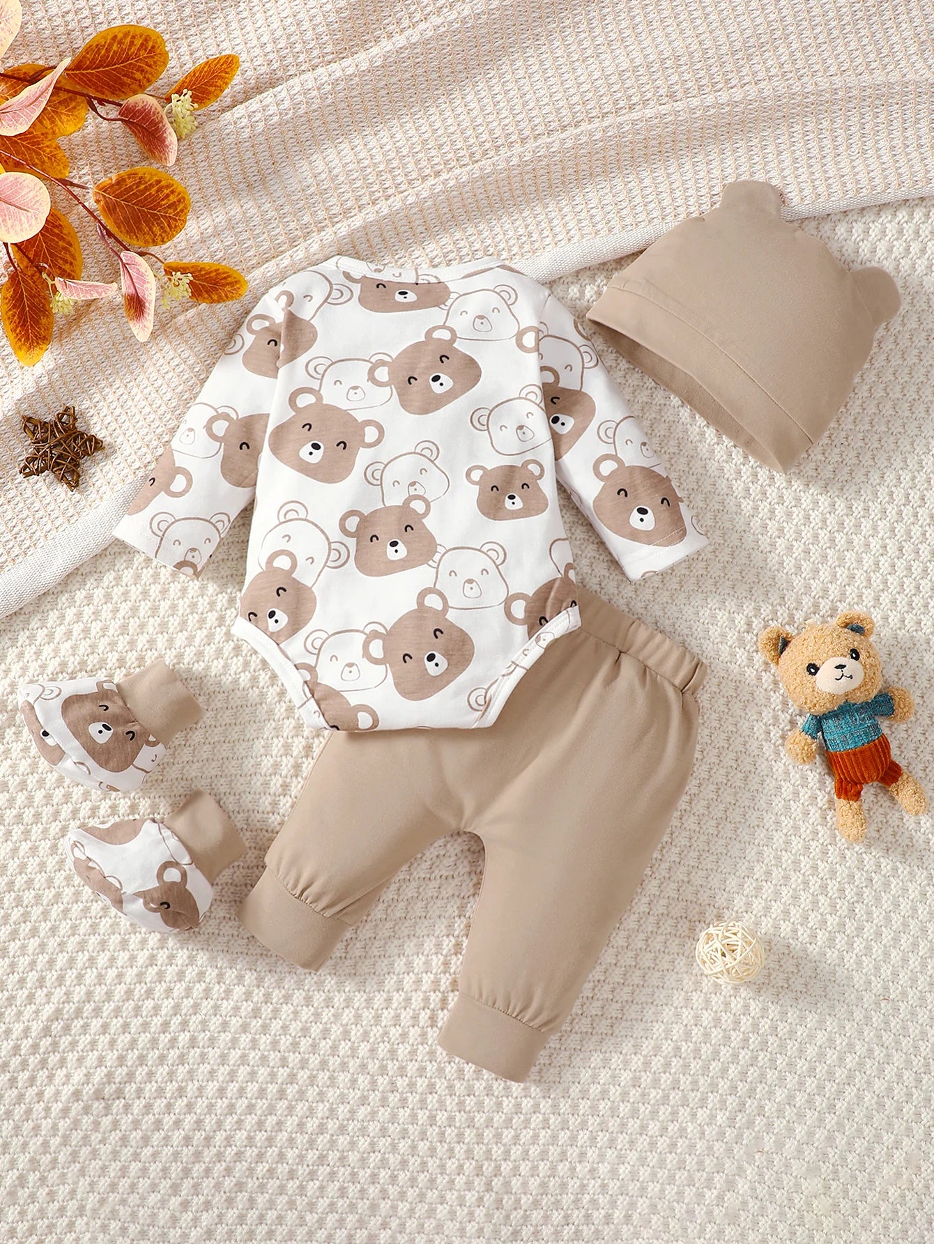 4PCS Clothing Set 0-9 Months Newborn Baby Boy Bear Short Sleeve Romper+Pants+Hat+Sock Infant Baby Full Moon Photography Outfits.