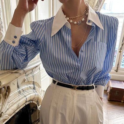Jmprs Elegant Women Shirts Korean Striped Red Fashion Turn Down Collar Office Ladies Tops Long Sleeve Causal Female Blouse.