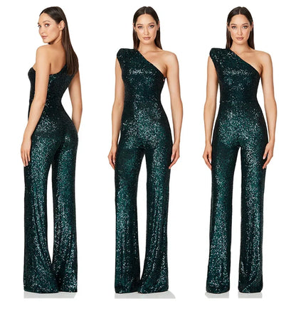 Women Elegant Long Jumpsuits Sexy Glitter Sequin Club Ladies Playsuits Slanted Collar Party Fashion Backless Solid Romper 2024.