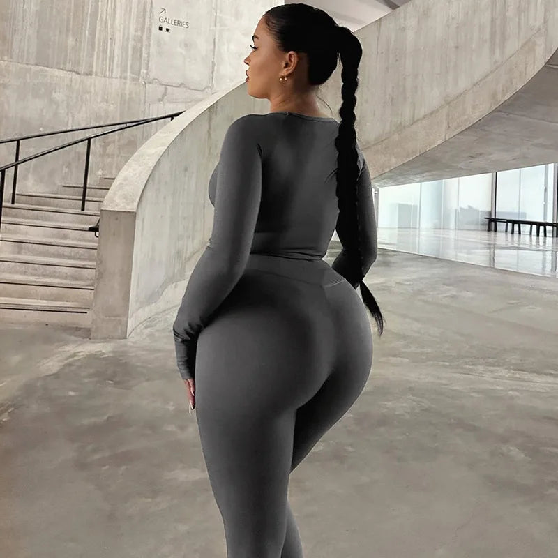 Hugcitar Pure Color Long Sleeve Crop T-Shirt Legging 2 Piece Matching Sets 2024 Spring Women Fashion Streetwear Sports Tracksuit