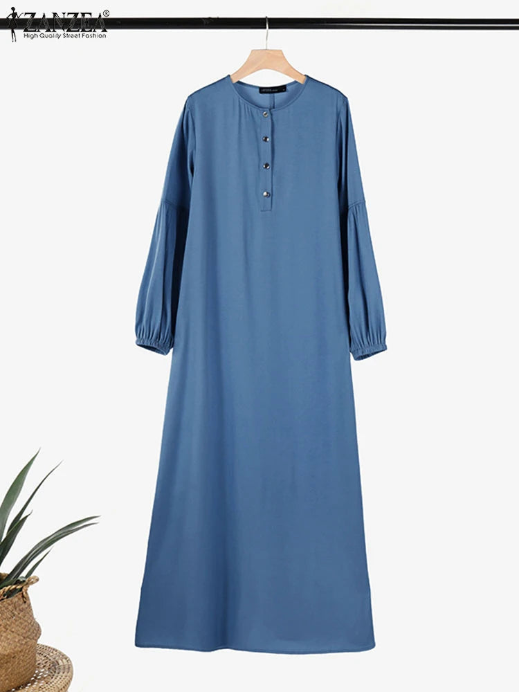 ZANZEA Muslim Women's Maxi Dress Islamic Hijab O Neck Half-Button Denim Blue Abaya Holiday Lantern Sleeve Loose Casual Vestidos.