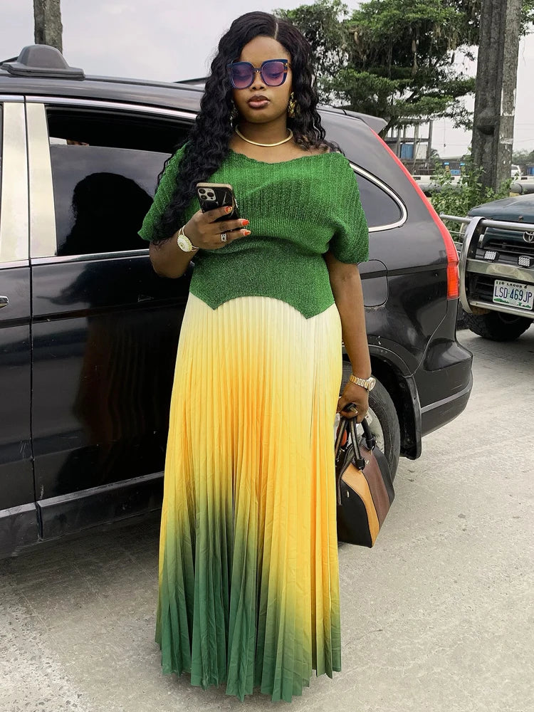 Women Plus Size Gradient Color Long Skirts And Tops Pleated 2 Piece Outfit Luxury Dubai Prom 2025 Casual For Female Fashion Sets.