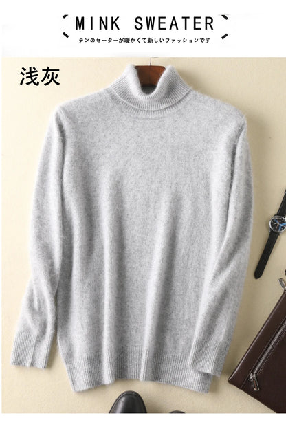 Men's 100% pure Mink Knitted Sweater Turtleneck Large Size Casual Pullover Autumn Winter New Base Shirt Men Warm High Lapels Top.