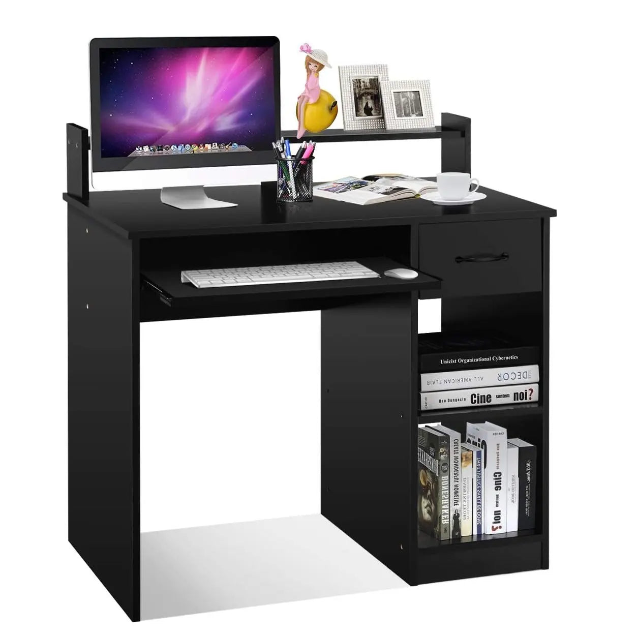 Schreibtisch mit Schublade, Tastaturschublade, Regal und offenen Fächern, platzsparender Computertisch, PC-Tisch, Bürotisch, 90 x 48 x 91,5 cm