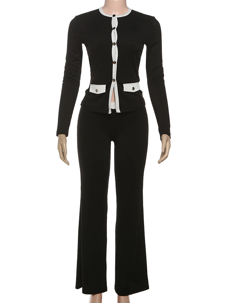 Sisterlinda Classic Street 2 Piece Set Autumn Daily Panelled Trim Full Sleeve Single Breasted Tops+Slim Pants Female Casual Suit.