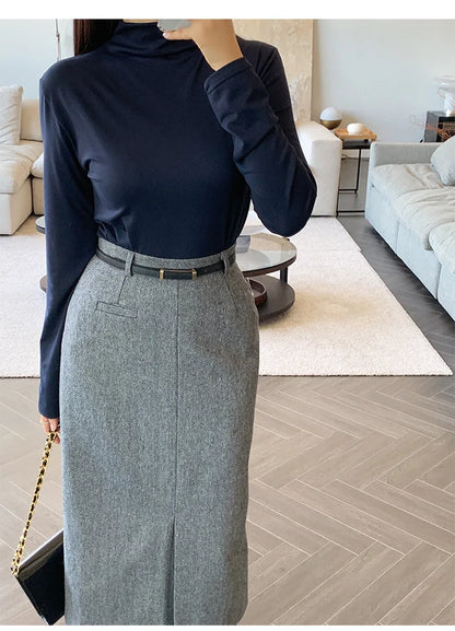 Gray Pencil Skirts Belted Elegant Women Slim Office Ladies Casual A-Line High Waist Split Midi Skirt Autumn Winter.