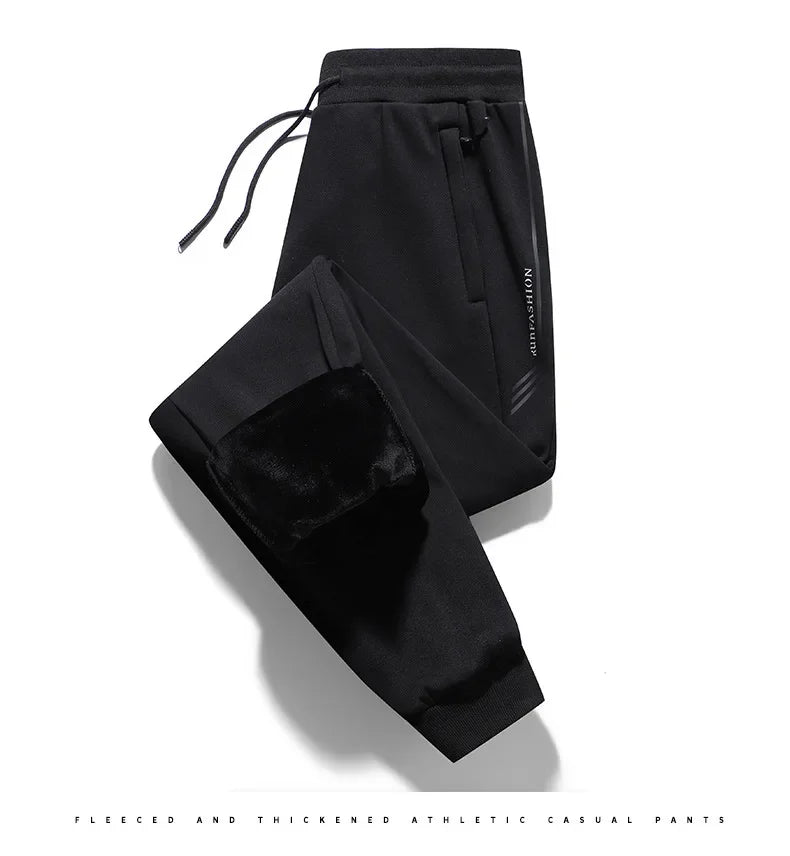 Herbst/Winter Fleece-gefütterte Herren-Hose mit Reißverschluss, warmes Fuß, Freizeithose, Übergröße, lockere Passform, gerade Bein-Jogginghose, trendig.