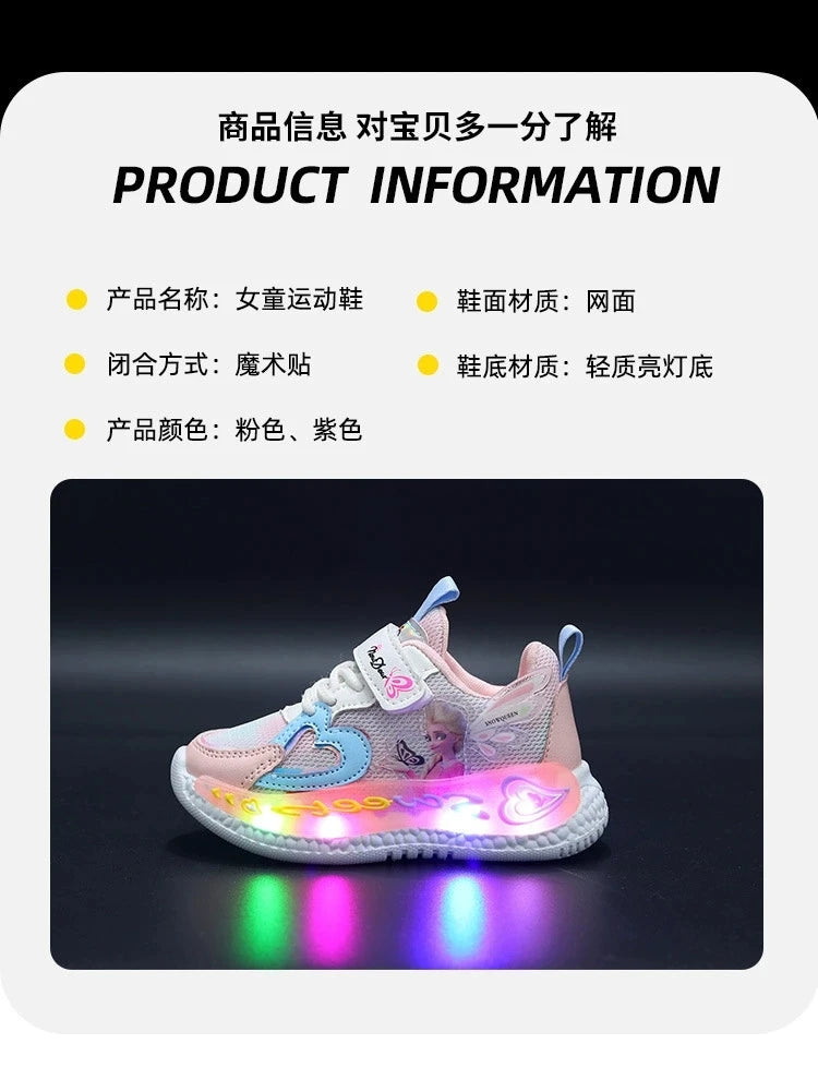 Disney Children Led Shoes Kids Girls Sneakers Frozen Elsa Princess Lighting Shoes Pink Purple Casual Sports Shoes Size 21-31.