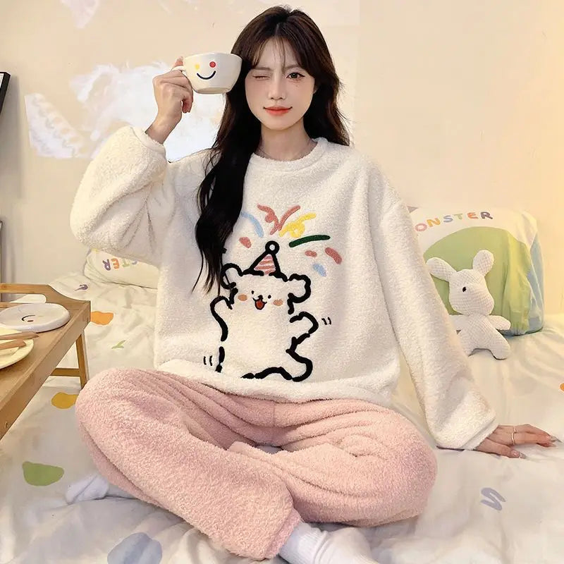 Kawaii Hello Kitty Pajamas Girl Sanrio Long-Sleeved Loungewear Sweet Young Student Girl  Warm Home Clothes Sleepwear Set
