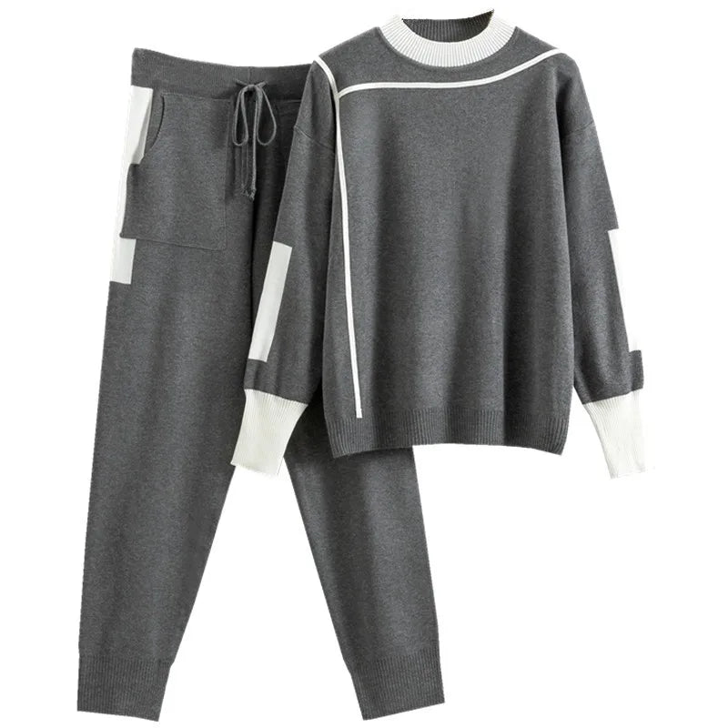 2024 herbst Runway 2 Stück Set Gestrickte Langarm Pullover Pullover Casual Patchwork Mode Frauen Tops und Hosen Anzüge Frühling